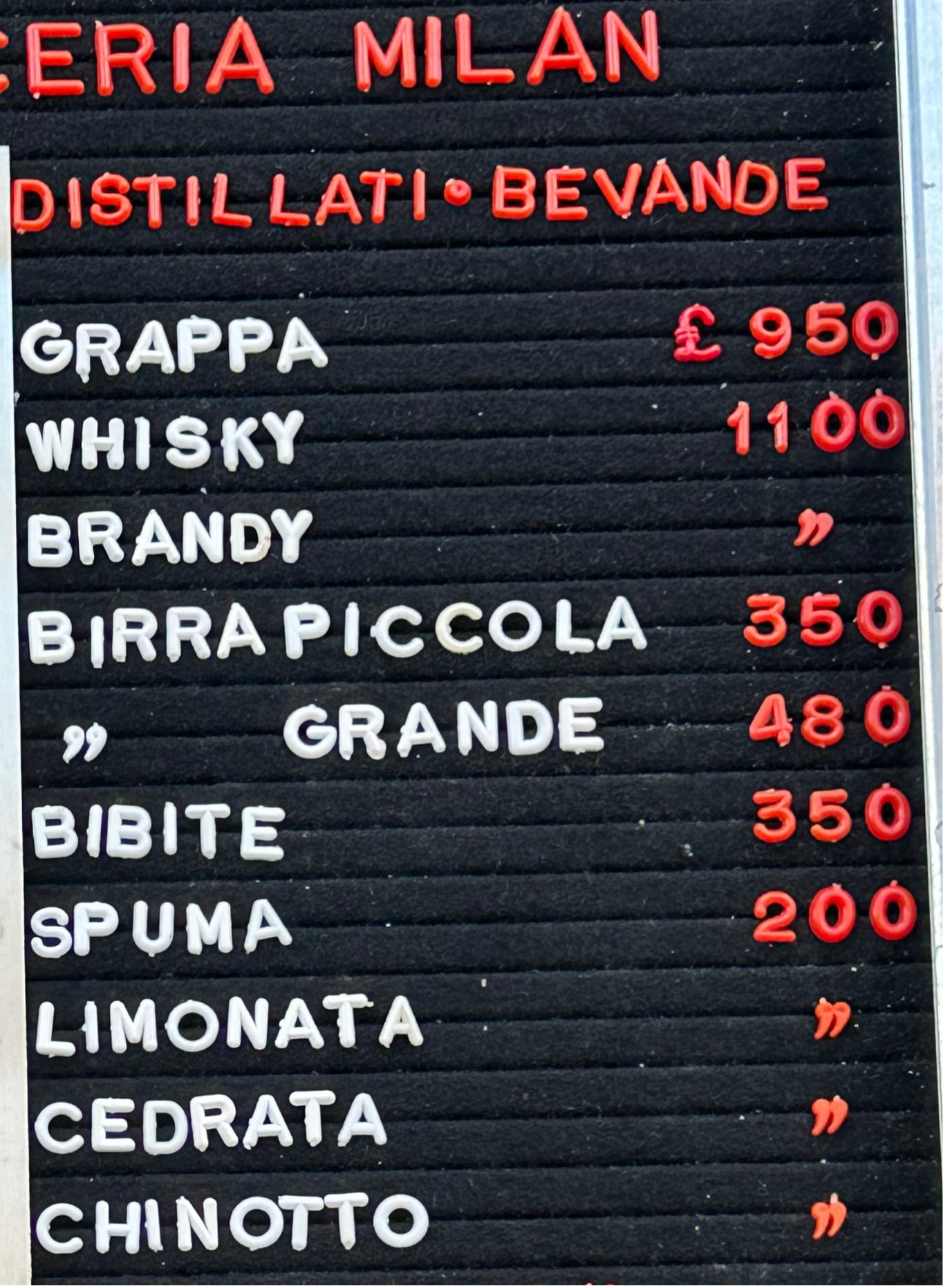 Listino prezzi Bar Milan