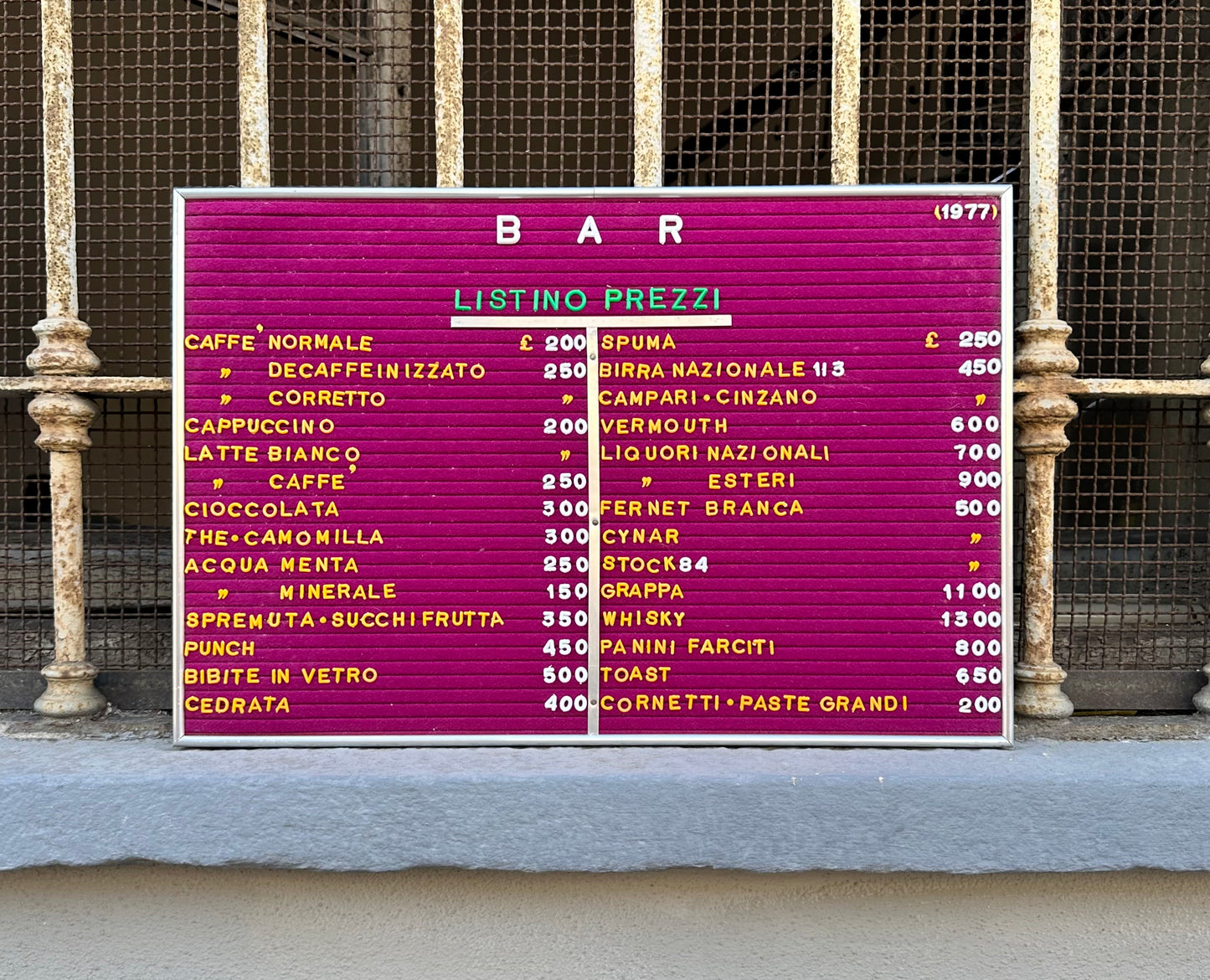 Listino prezzi bar