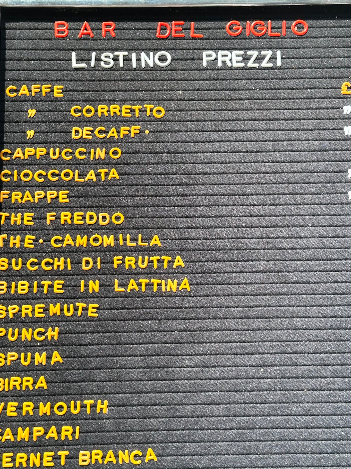 Listino prezzi - Bar Giglio