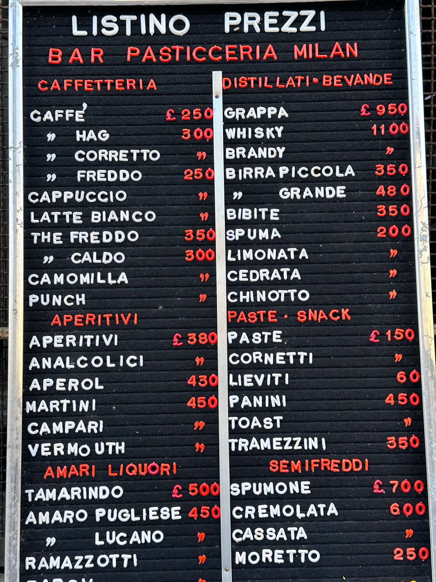 Listino prezzi Bar Milan