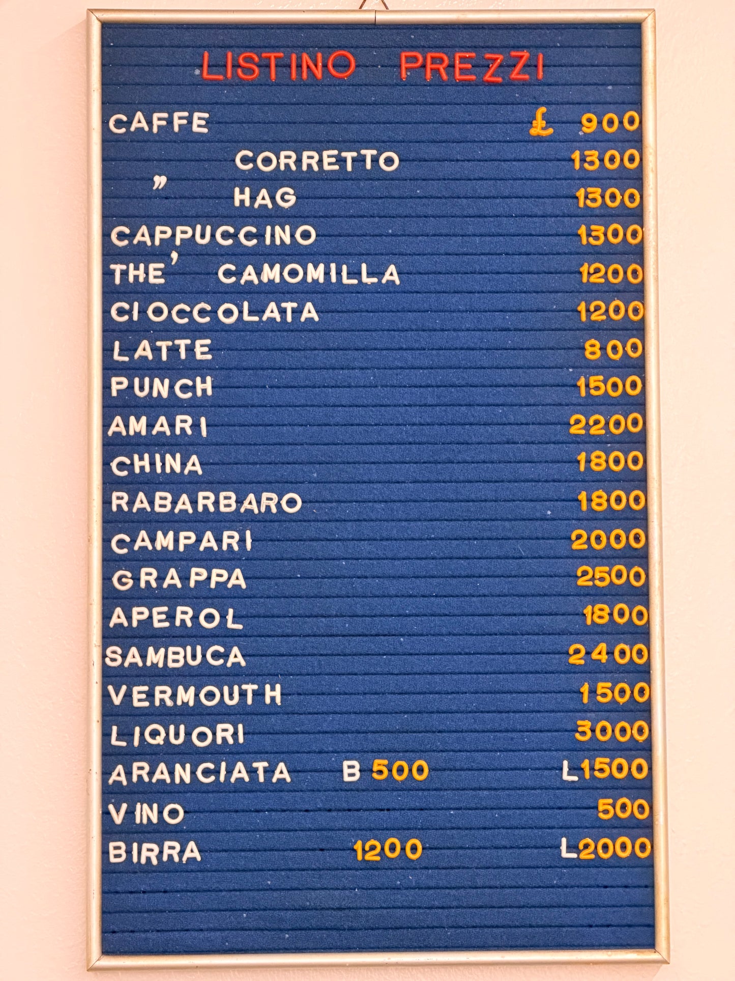 Listino prezzi - Bar