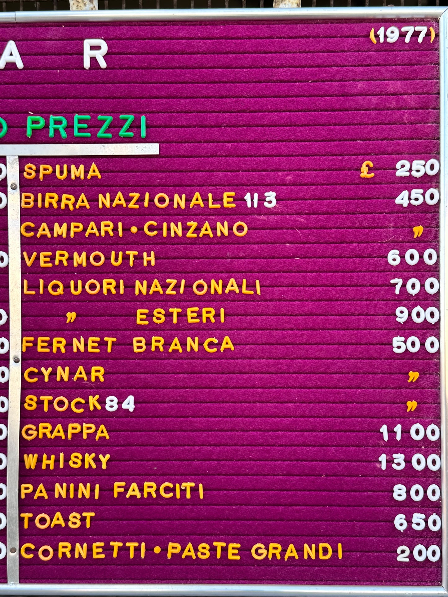 Listino prezzi bar