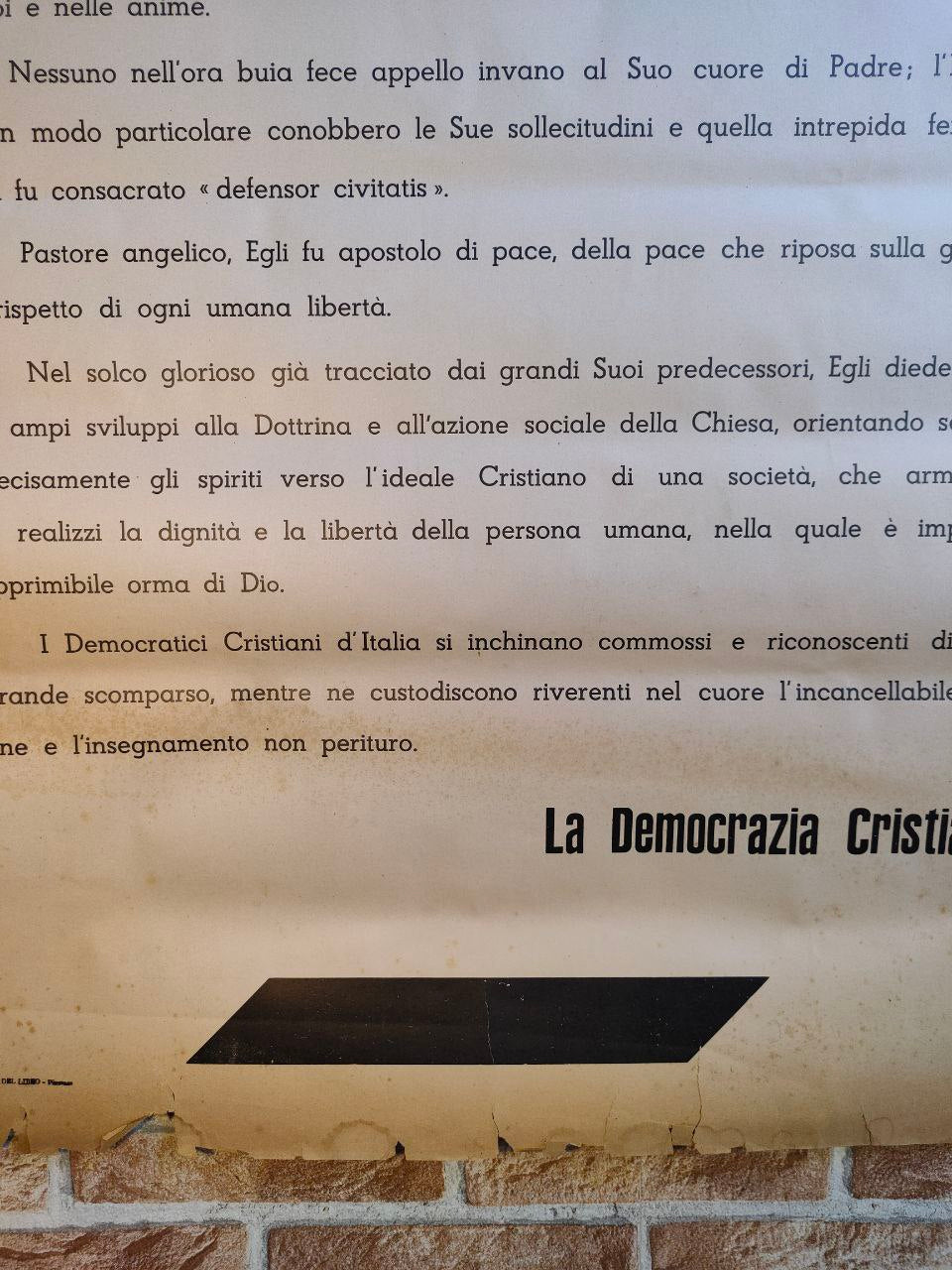 Manifesto originale pubblicitario - D.C. Democrazia Cristiana - Pio XII è morto