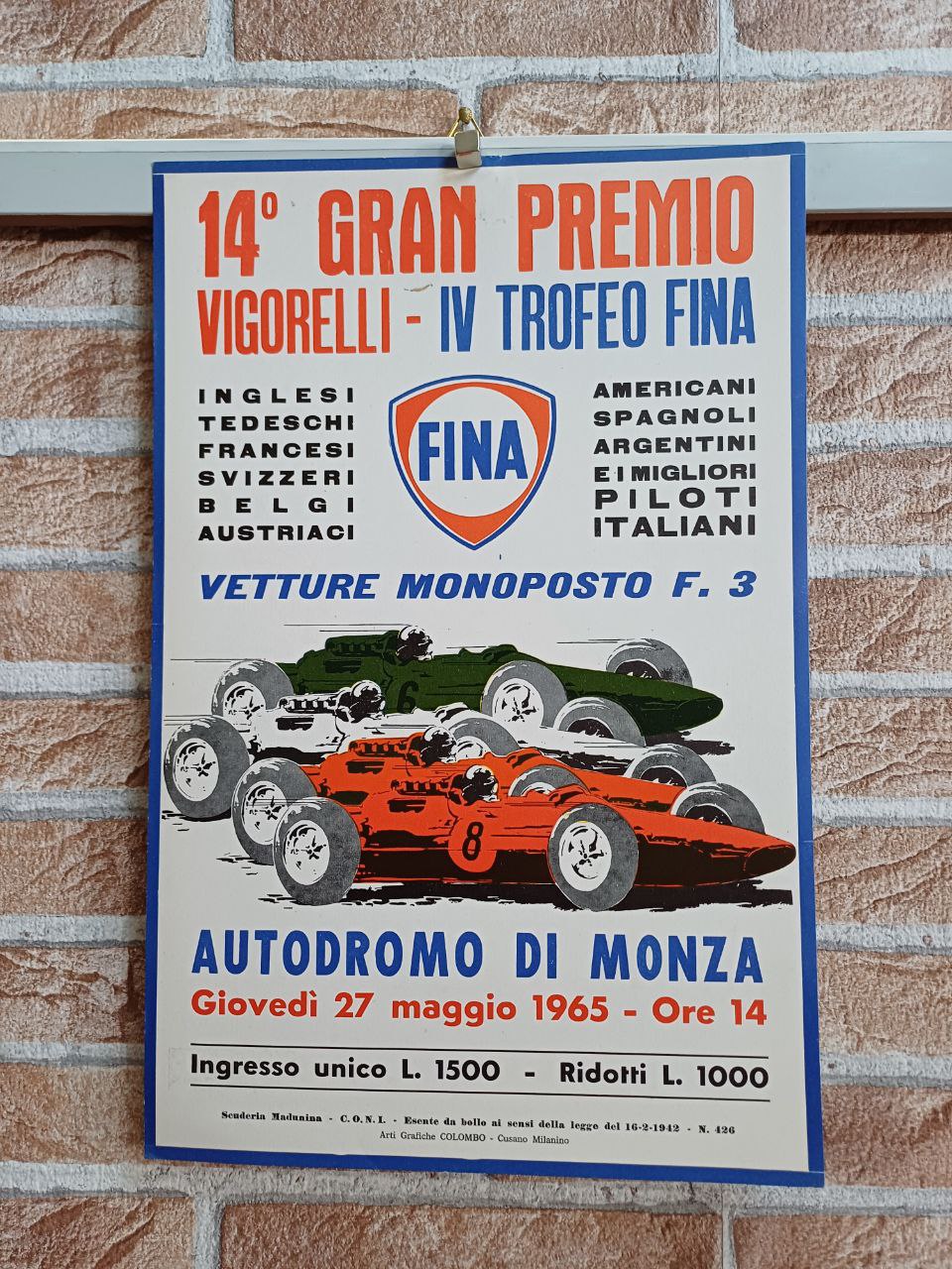 Cartonato pubblicitario 14°mo GP Vigorelli autodromo di Monza - Fina
