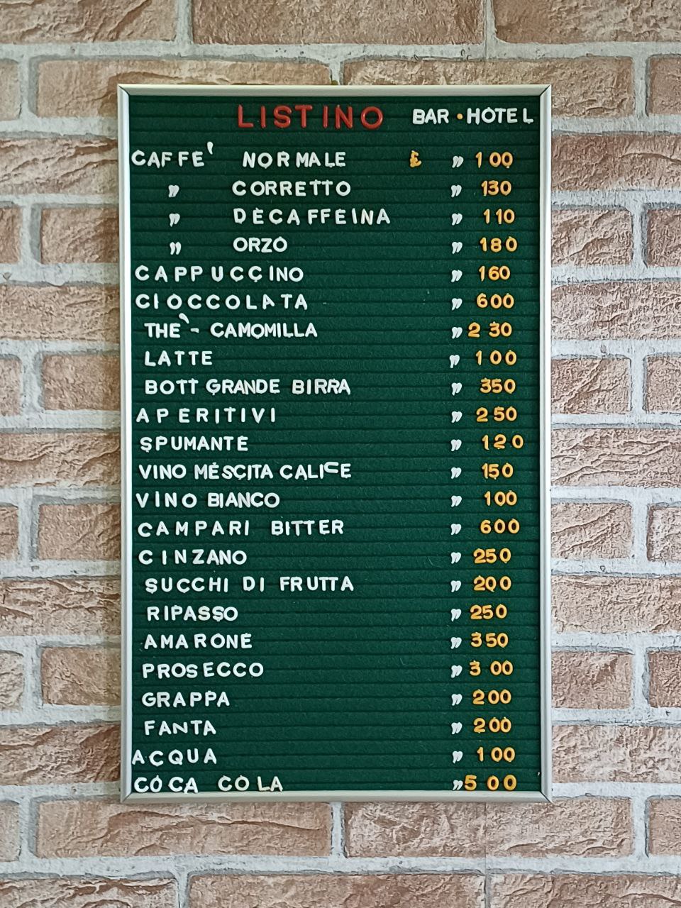 Listino prezzi - Bar / Hotel