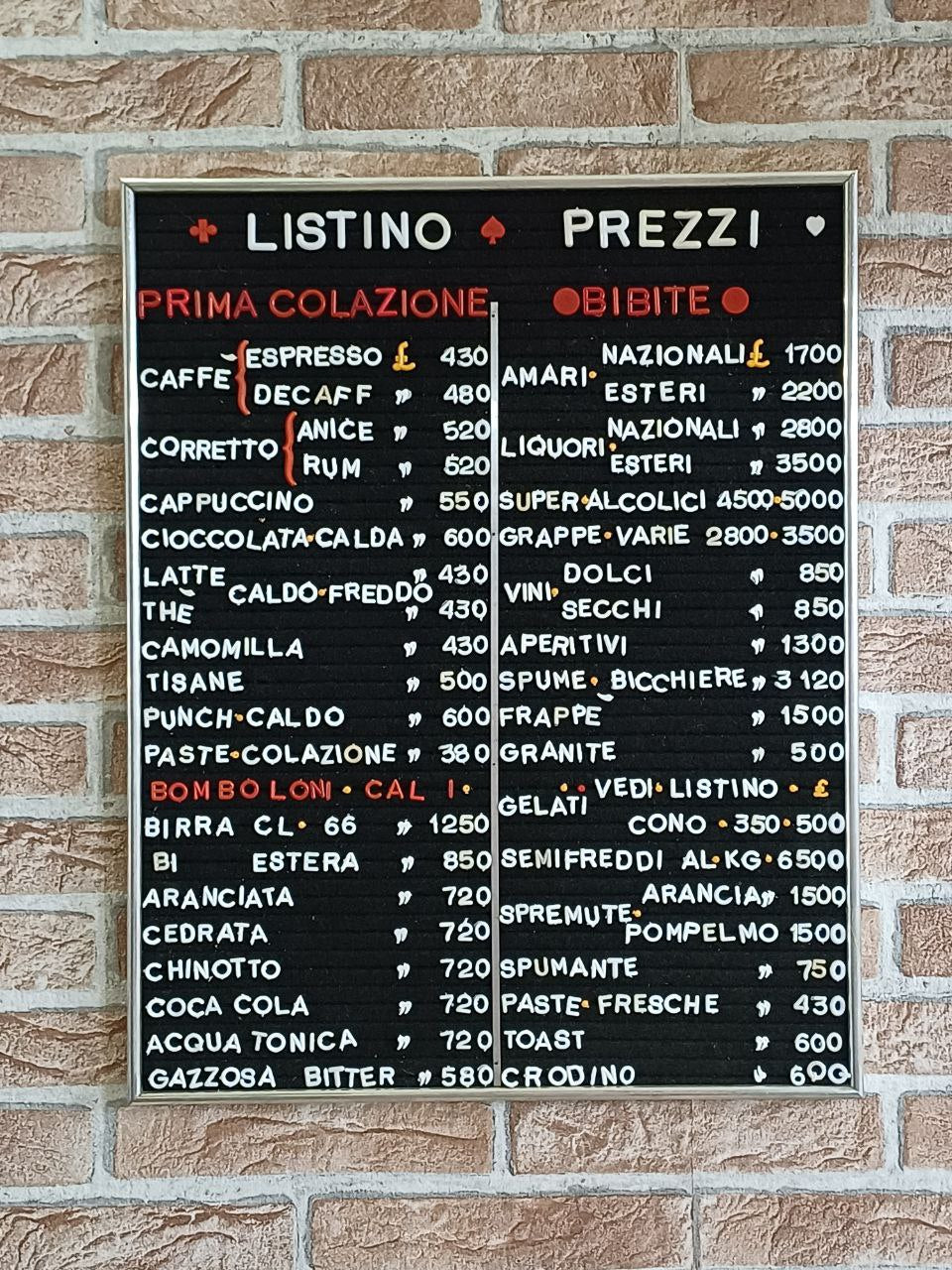 Listino prezzi - Prima colazione - Bibite