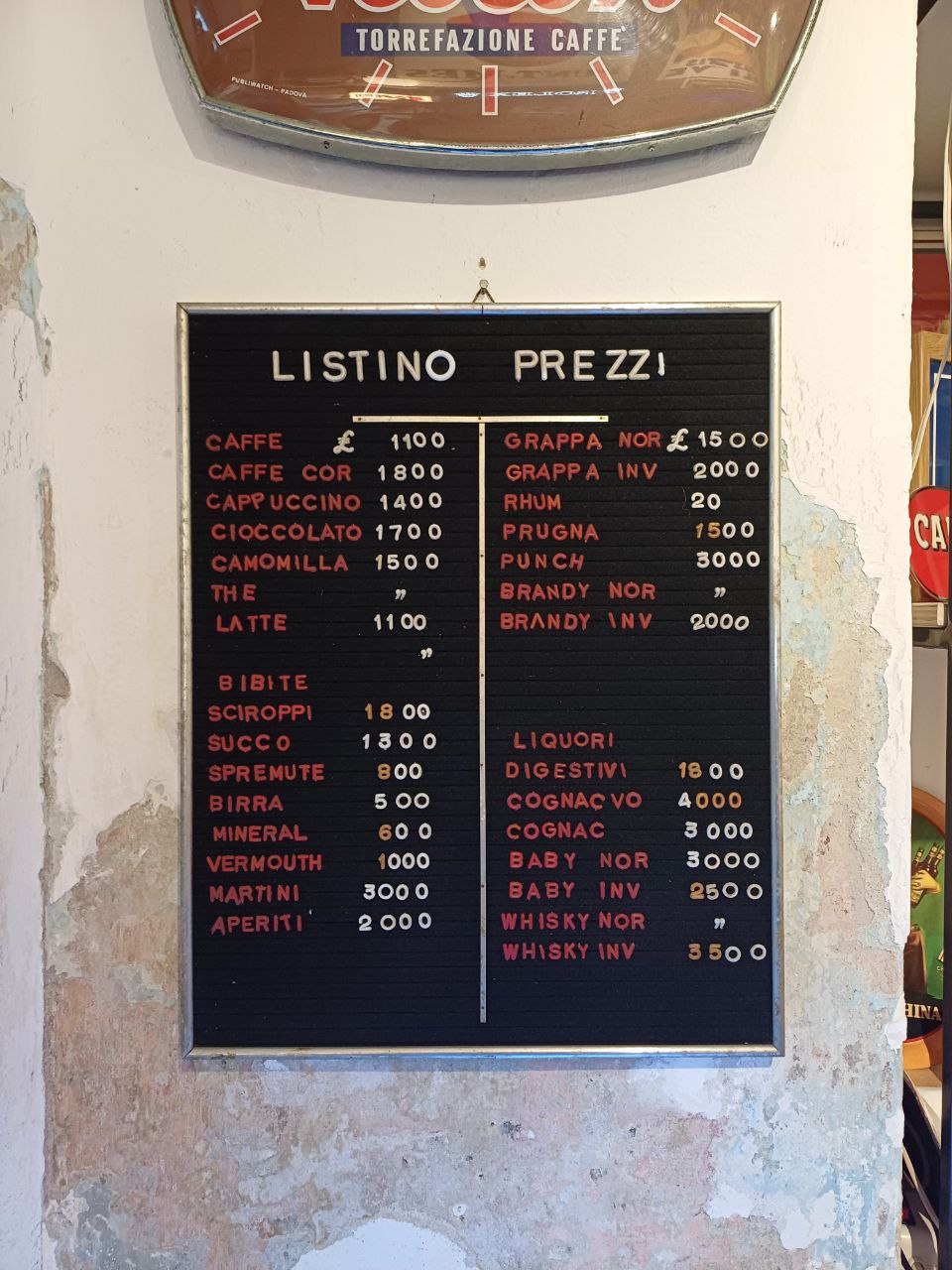 Listino prezzi Bar