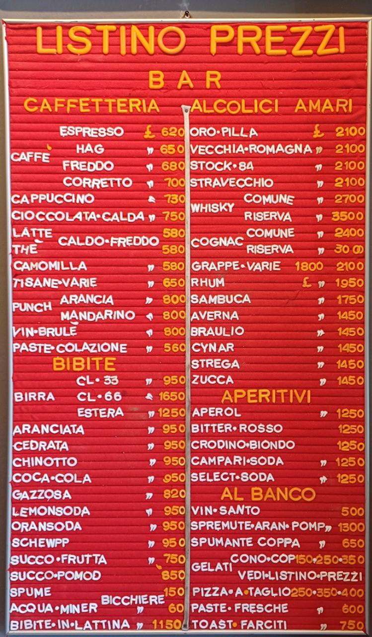 Listino prezzi - Bar