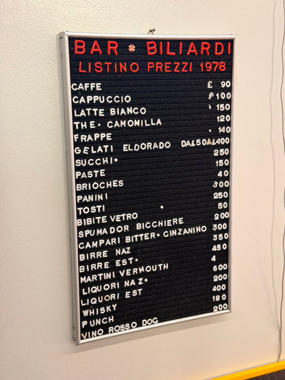 Listino prezzi - Bar Biliardi 1978