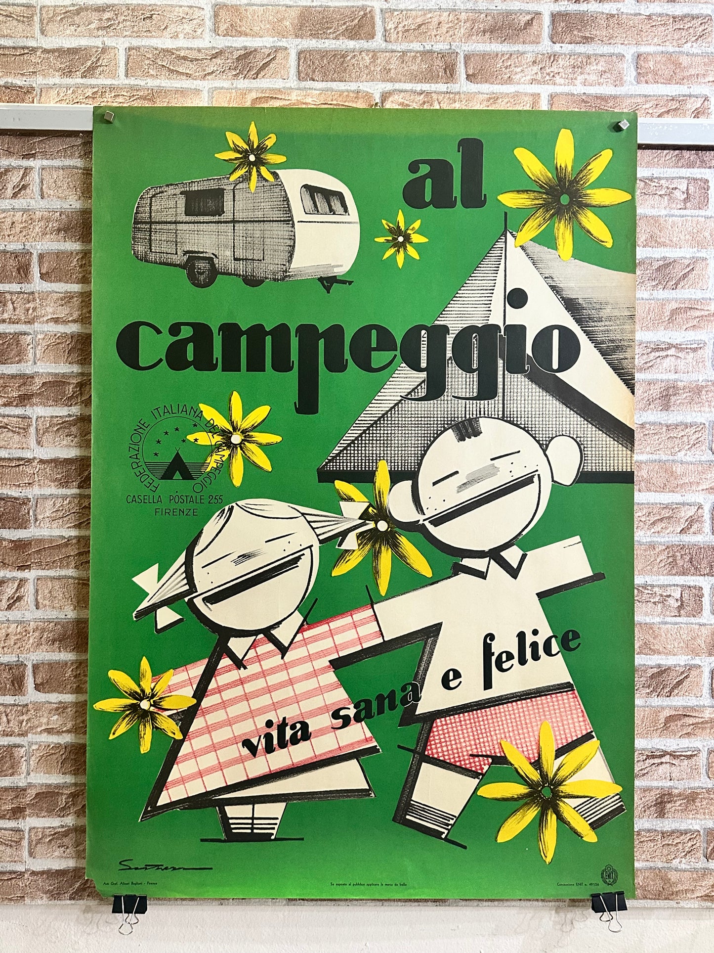 Manifesto pubblicitario originale -   ENIT Al campeggio Firenze