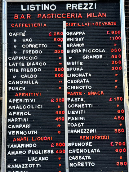 Listino prezzi Bar Milan