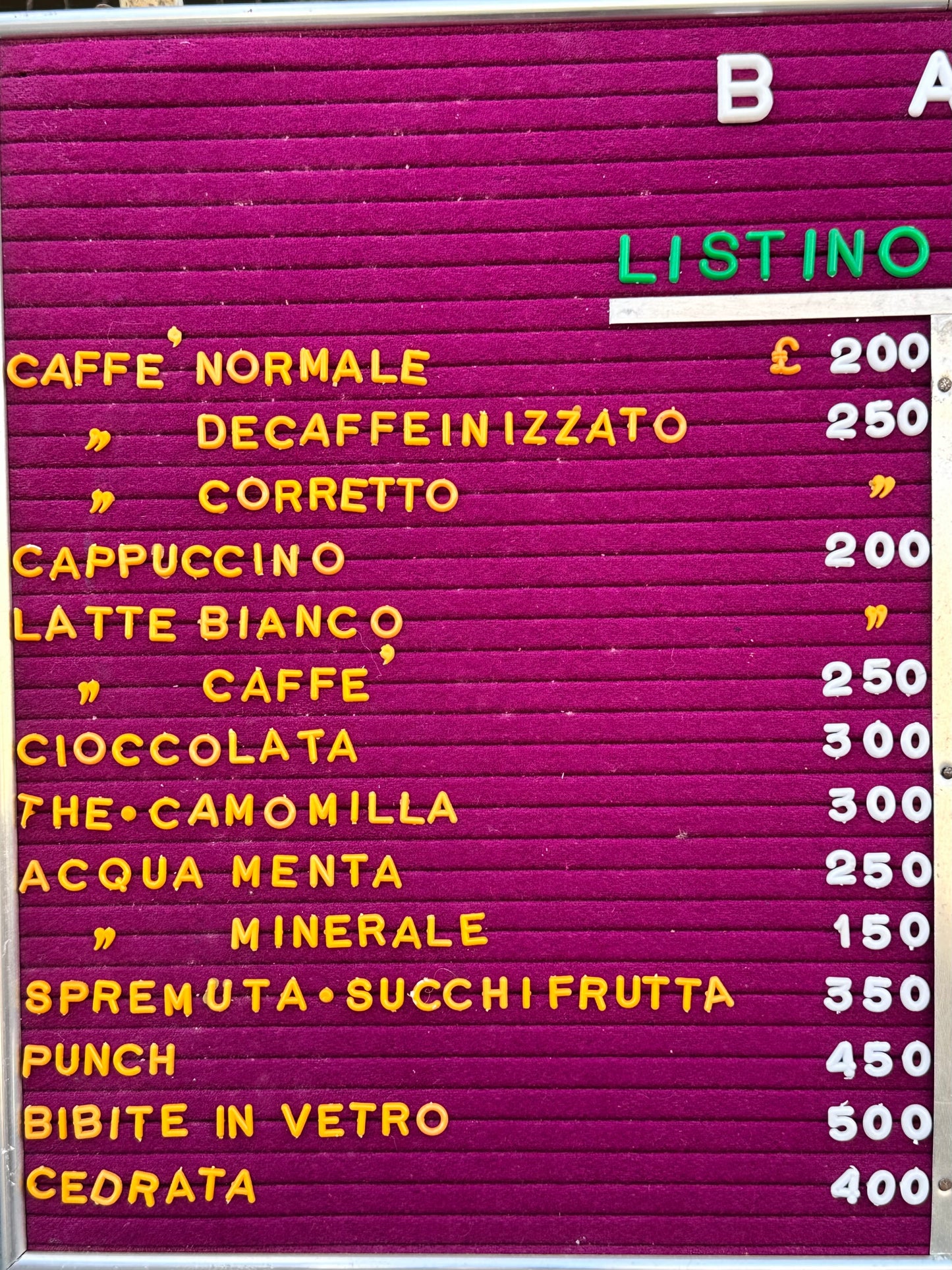 Listino prezzi bar