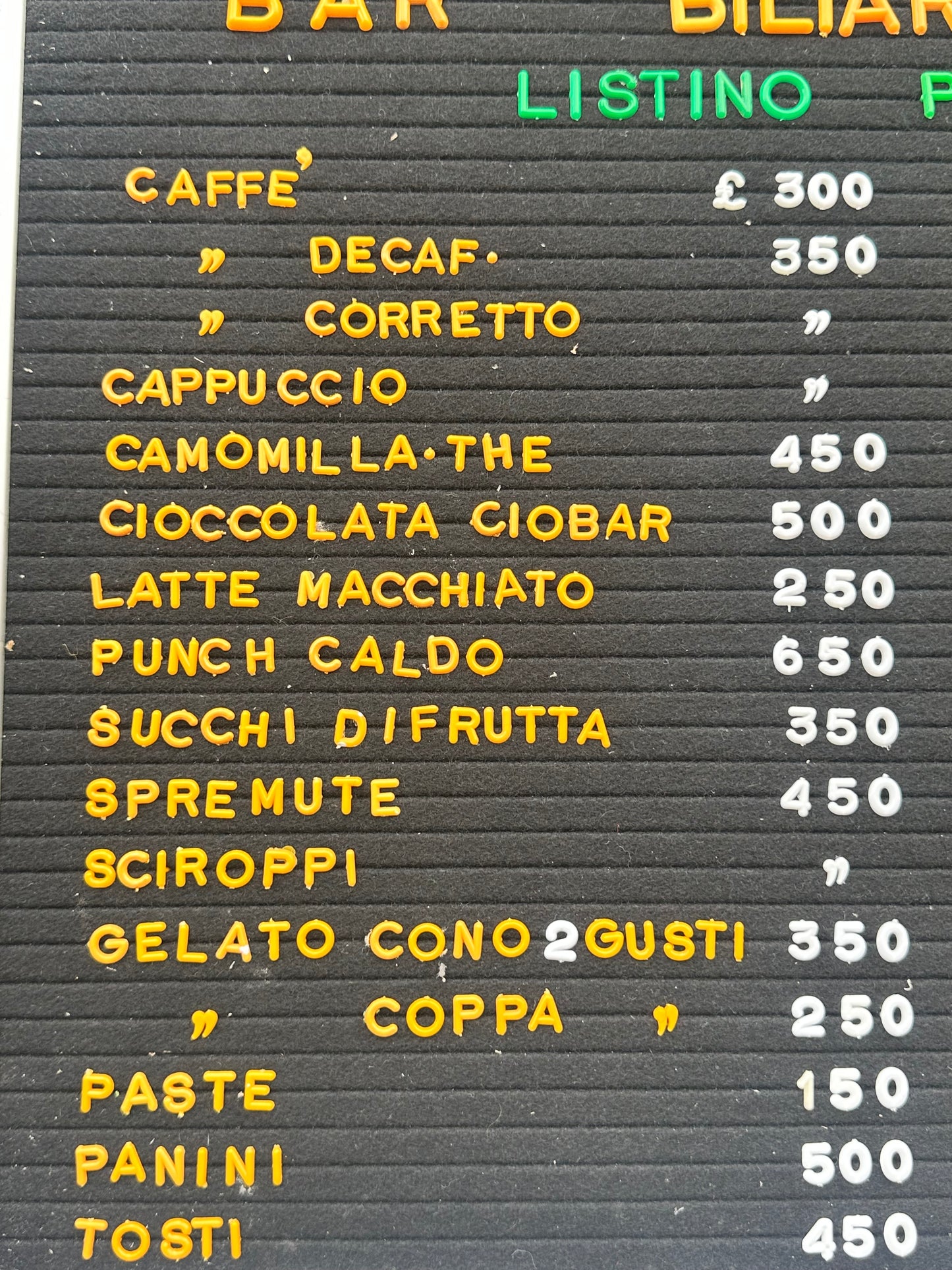 Listino prezzi - Bar Bilardi Jolly