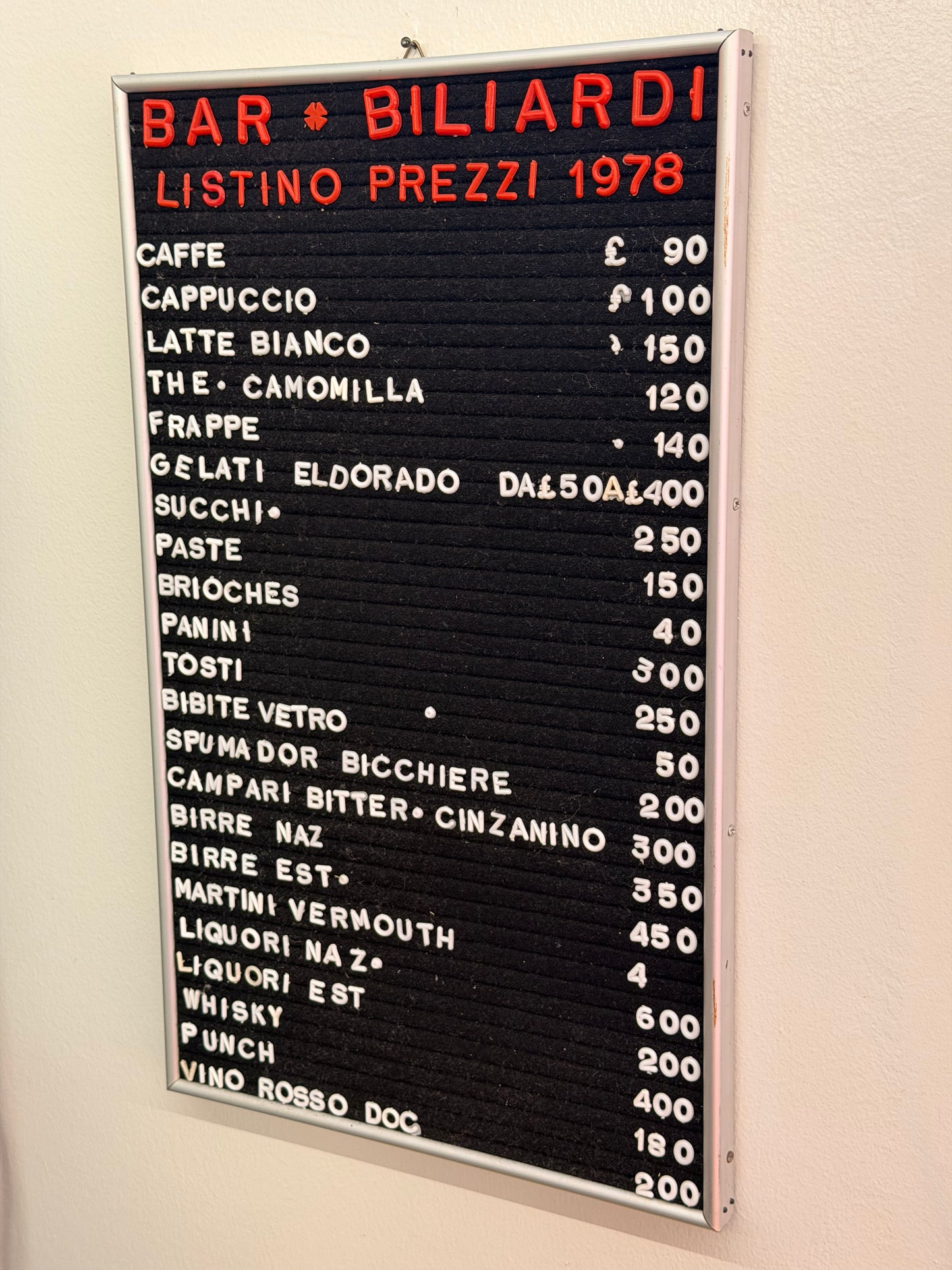 Listino prezzi - Bar Biliardi 1978