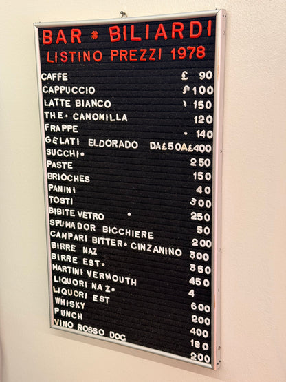 Listino prezzi - Bar Biliardi 1978