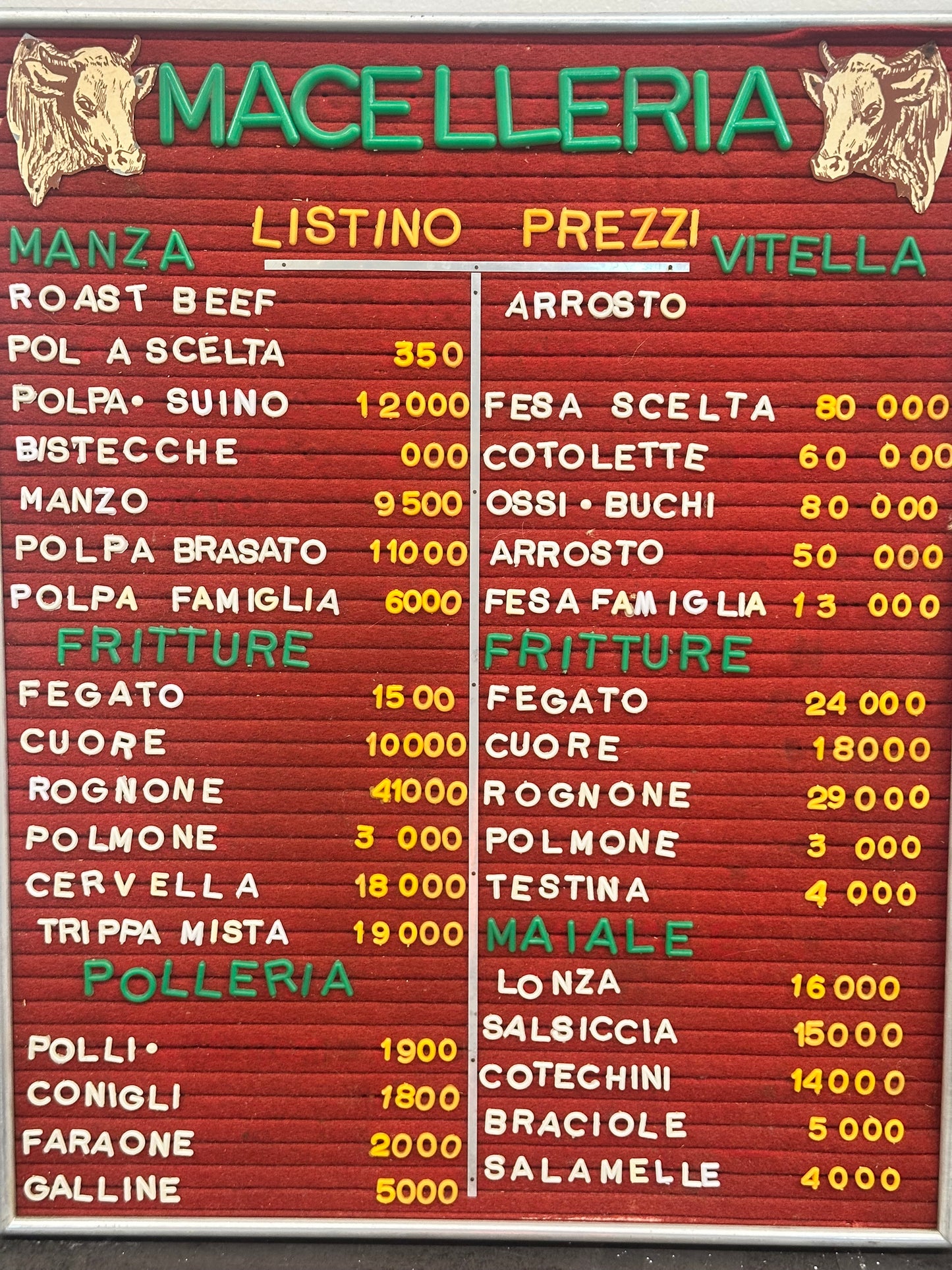 Listino prezzi - Macelleria