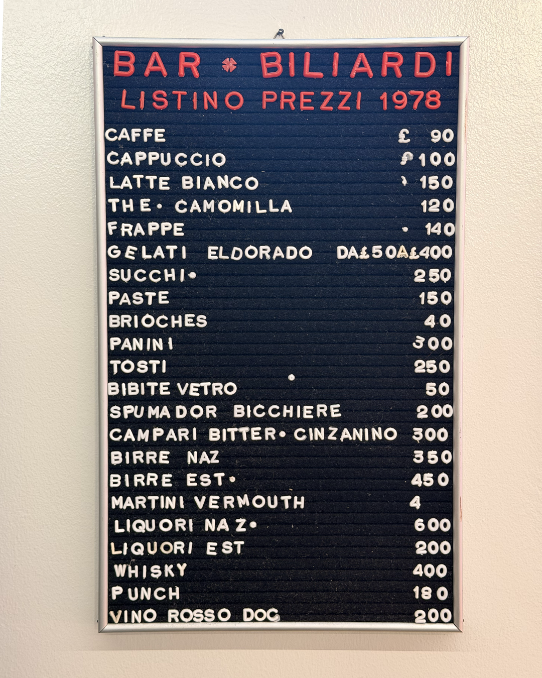 Listino prezzi - Bar Biliardi 1978