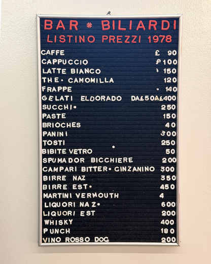 Listino prezzi - Bar Biliardi 1978