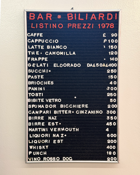 Listino prezzi - Bar Biliardi 1978