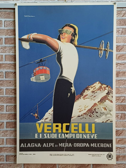 Manifesto originale pubblicitario - Vercelli e i suoi campi di neve