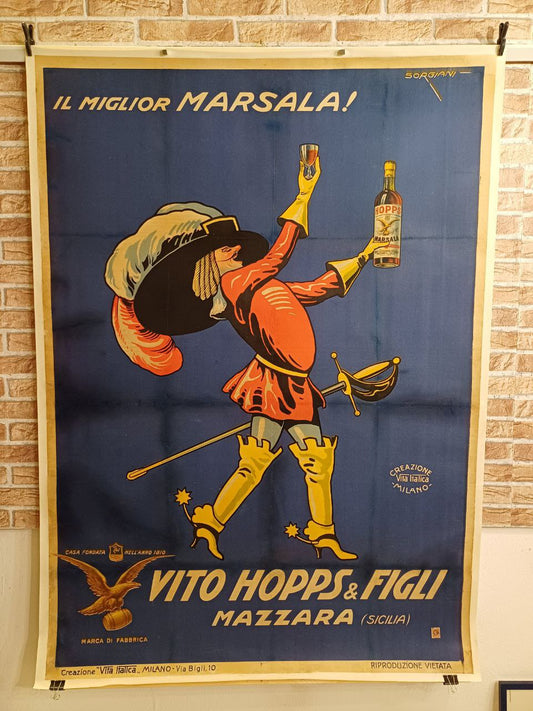 Manifesto originale pubblicitario - Marsala Vito Hopps e Figli - Mazzara (Sicilia)