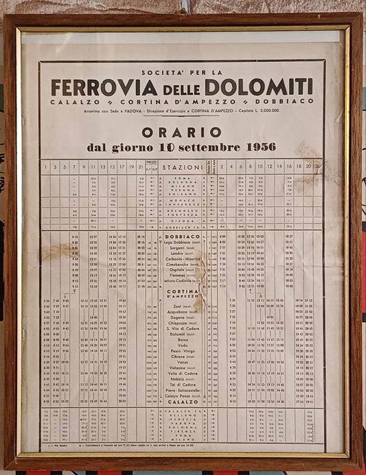 Orario ferroviario - Ferrovia delle Dolomiti 1956