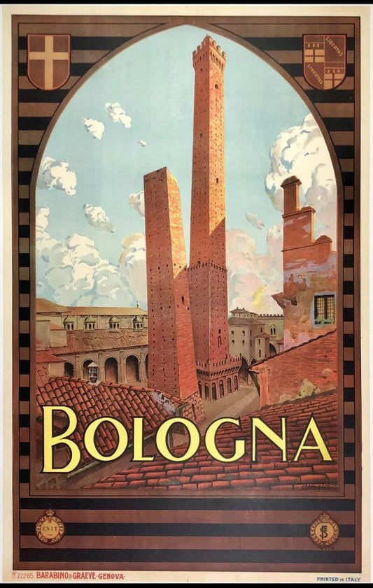 Manifesto originale pubblicitario - Bologna,  torre degli Asinelli e torre Garisenda