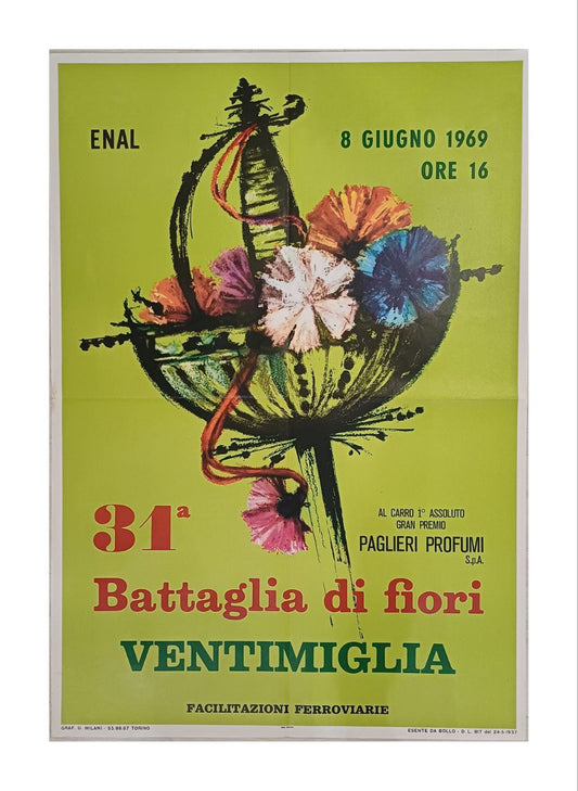 Manifesto originale pubblicitario - 31° Battaglia di fiori - Ventimiglia