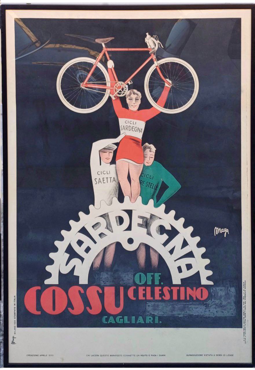 Manifesto originale pubblicitario - Cicli e biciclette Officina Cossu Celestino  - Cagliari