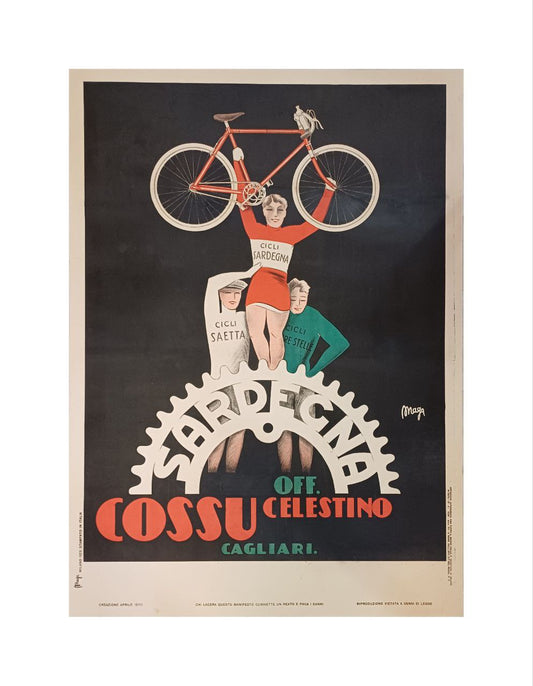 Manifesto originale pubblicitario - Cicli e biciclette Officina Cossu Celestino  - Cagliari