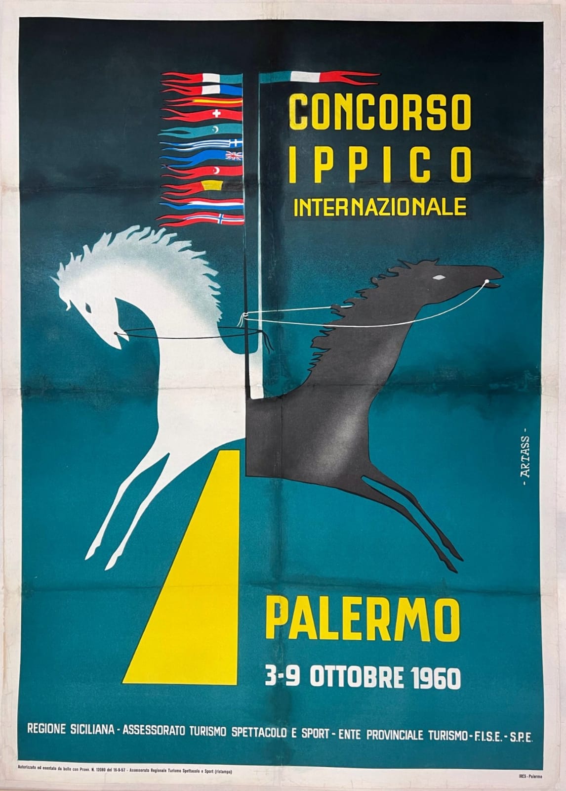Manifesto pubblicitario originale Concorso ippico internazionale Palermo 1960 - TUC2288 Tortona4Arte